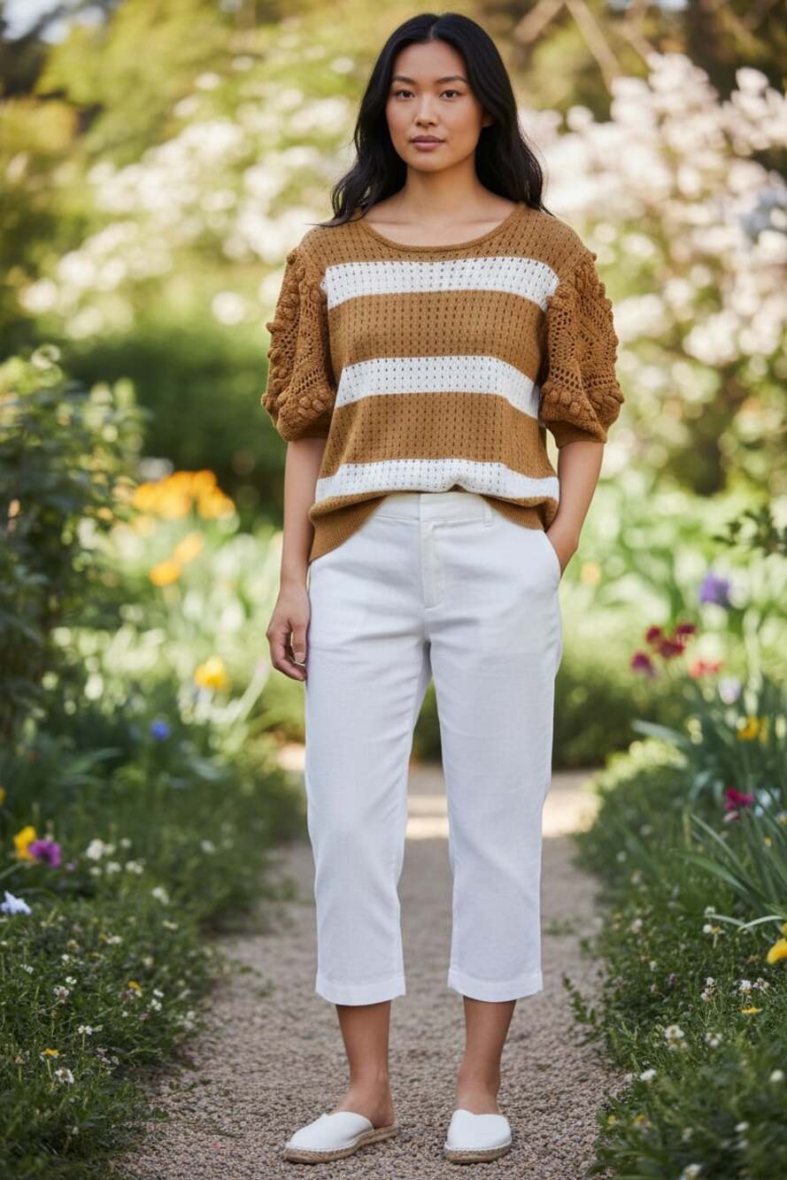 Böhme Marigold and White Striped Crochet Puff Sleeve Sweater Cottagecore